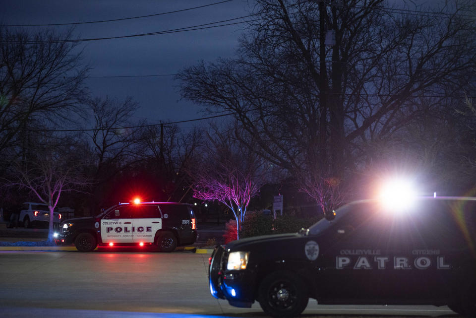 Police cars remain parked at Good Shepherd Catholic Community church on January 15, 2022, in Colleyville, Texas. / Credit: Emil Lippe / Getty Images