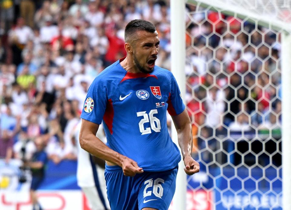 Ivan Schranz of Slovakia celebrates scoring his team's goal (Getty Images)