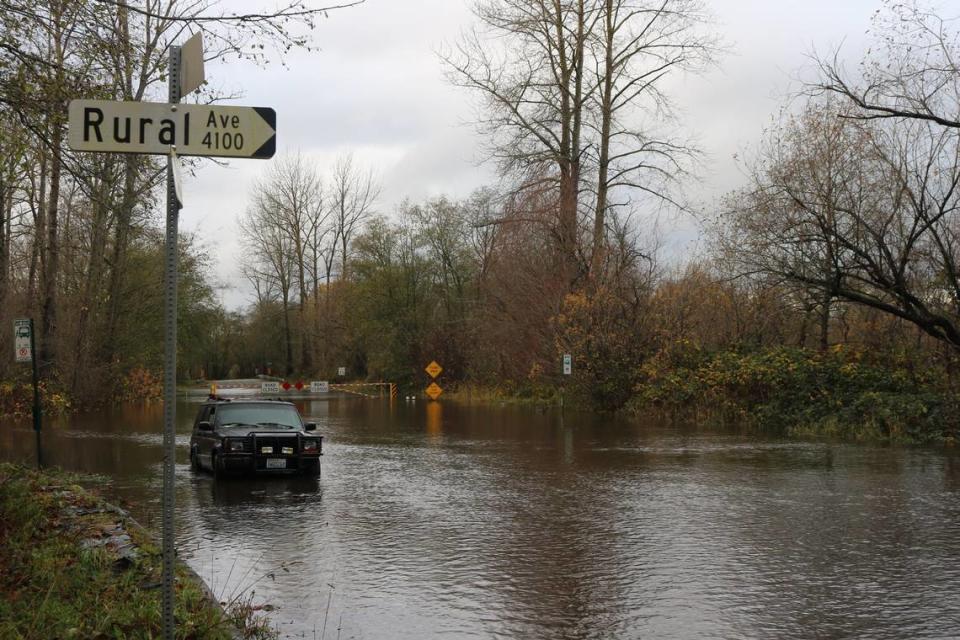 A car in the Marietta area of Bellingham was stranded on a flooded road on Monday, Nov. 15, after a rainstorm hit the region.