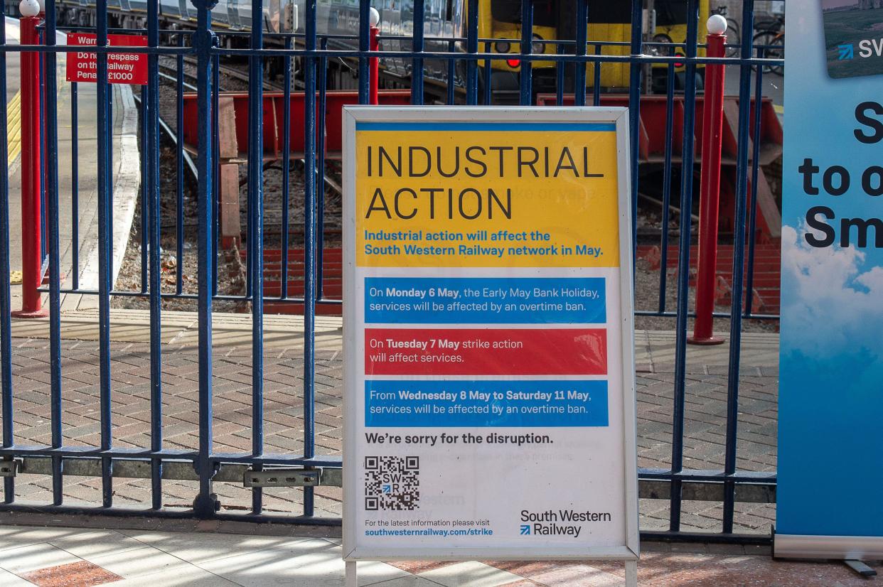 Windsor, Berkshire, UK. 29th April, 2024. A customer notice at Windsor & Eton Riverside station in Windsor, Berkshire advising customers about forthcoming Industrial Action between 6th-11th May 2024. Credit: Maureen McLean/Alamy Live News