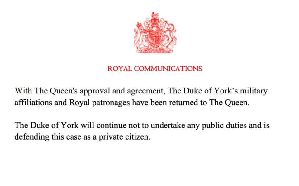 Buckingham Palace prince andrew statement.