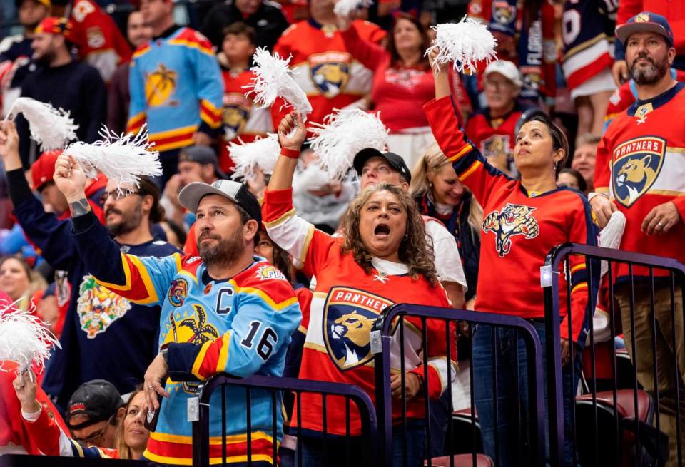 Florida Panthers fans cheer during the first period of their game against the Carolina Hurricanes in Game 3 of the NHL Stanley Cup Eastern Conference finals series at the FLA Live Arena on Monday, May 22, 2023 in Sunrise, Fla. MATIAS J. OCNER/mocner@miamiherald.com