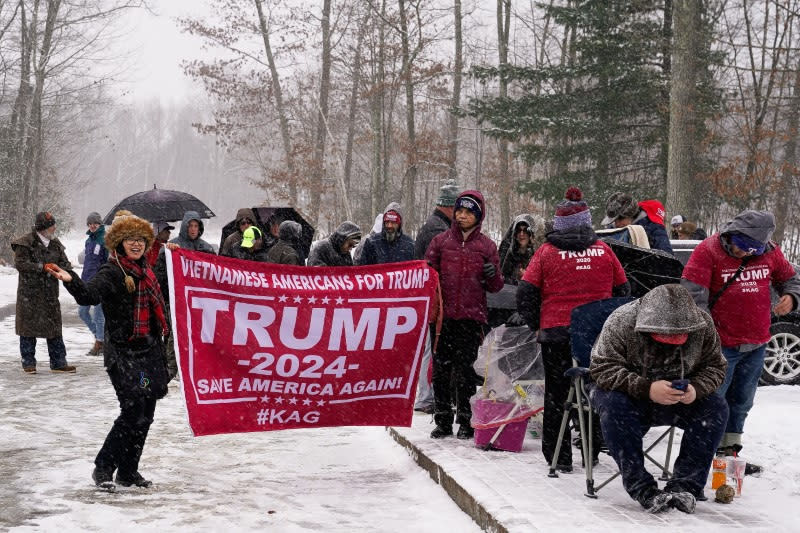 Former U.S. President and Republican presidential candidate Donald Trump holds a rally ahead of the New Hampshire primary election, in Atkinson