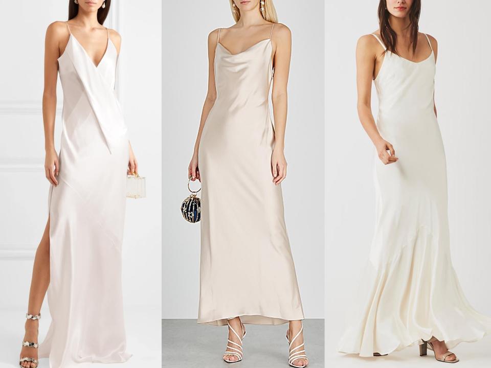 Michael Lo Sordo's silk-satin grown (Net-A-Porter, £645.60), harmony champagne satin dress (Harvey Nichols, £400), Bella dress (Ghost London, £245)