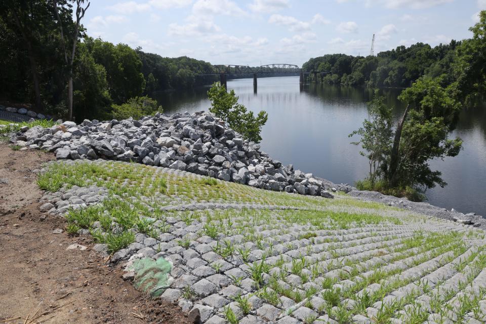 A photo of the newly stabilized bank of the Alabama River in Selma, Alabama, July 8, 2024. The bank stabilization was part of Project 14, as U.S. Army Corps of Engineers, Mobile District project that stabilized the bank behind the historic train depot in Selma.