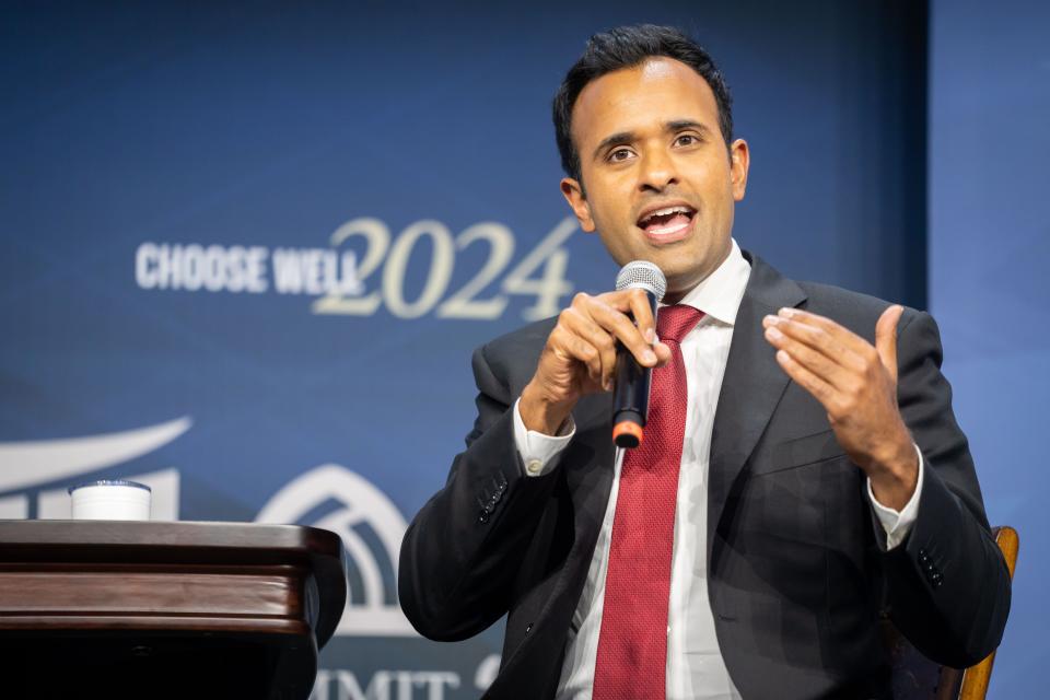 Republican presidential candidate and businessman Vivek Ramaswamy speaks during the Family Leadership Summit in Des Moines, Friday, July 14, 2023. 