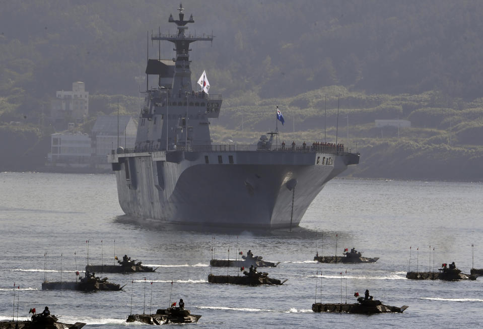 South Korean Marine's Assault Amphibious Vehicle (KAAV) participate in the 73rd anniversary of Armed Forces Day in Pohang, South Korea Friday, Oct. 1, 2021. (Song Kyung-Seok/Pool Photo via AP)