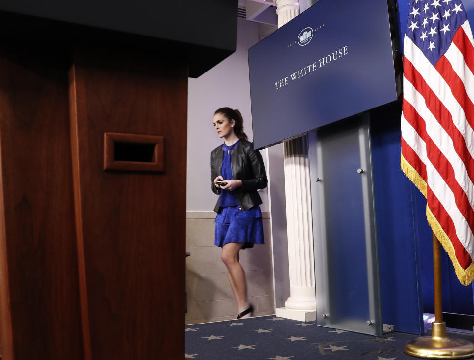 Hope Hicks, adviser to President Donald Trump, walks to her seat before the start of the daily briefing in the Brady Press Briefing Room of the White House in Washington, Tuesday, Feb. 14, 2017.