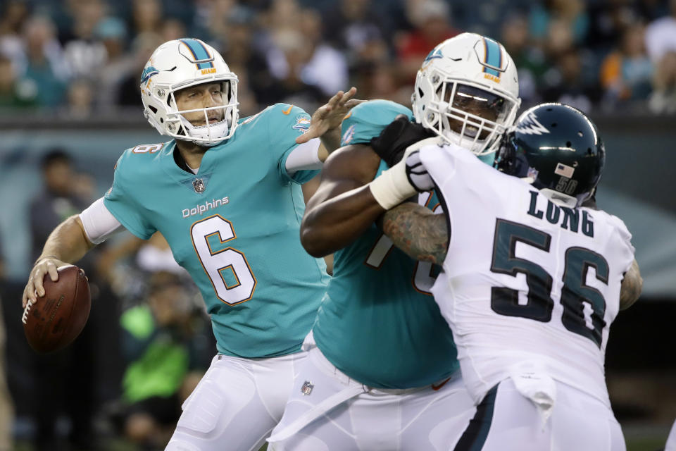 Miami QB Jay Cutler passes during the first half of Thursday’s preseason game against the Philadelphia Eagles. (AP)