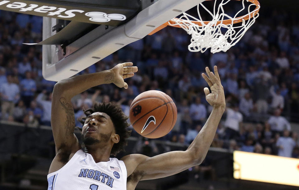 North Carolina's Leaky Black dunks during the first half of an NCAA college basketball game against Gonzaga in Chapel Hill, N.C., Saturday, Dec. 15, 2018. (AP Photo/Gerry Broome)