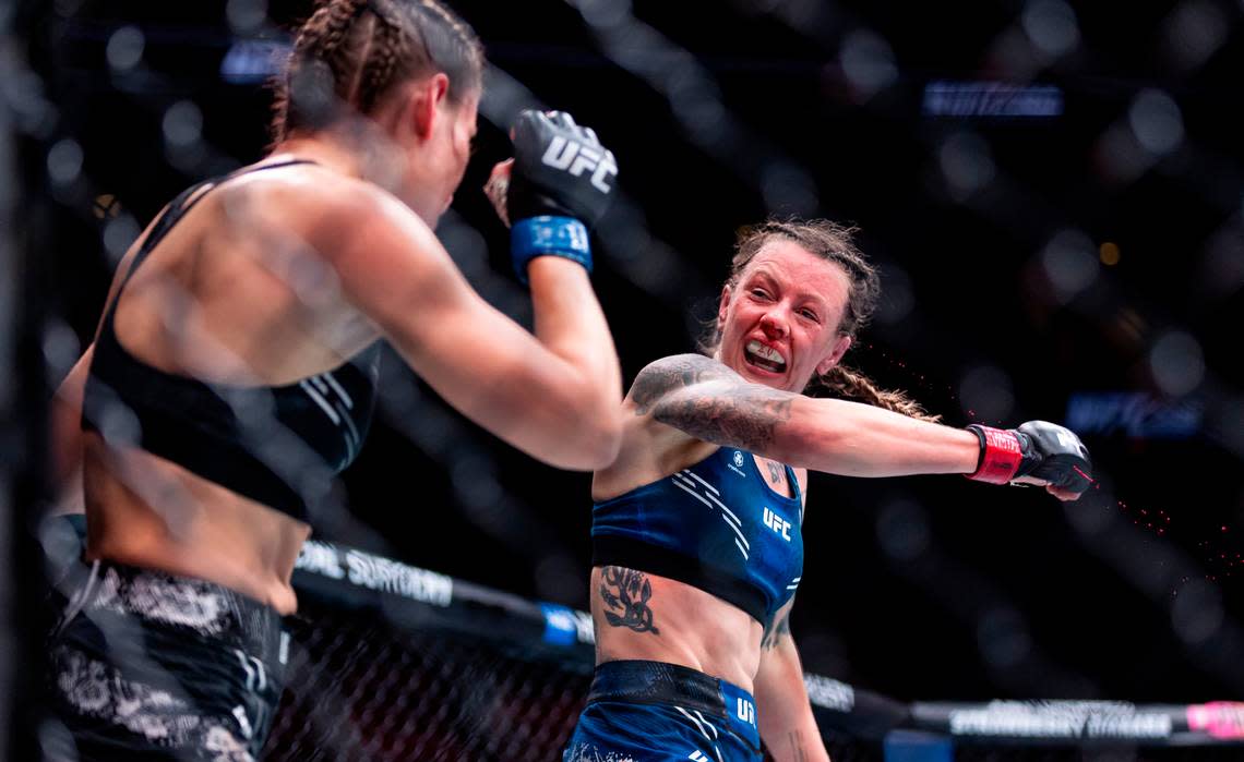 Joanne Wood of Scottland fights against Maryna Moroz of Ukraine during their Women’s Flyweight title match during the UFC 299 event at the Kaseya Center on Saturday, March 9, 2024, in downtown Miami, Fla.