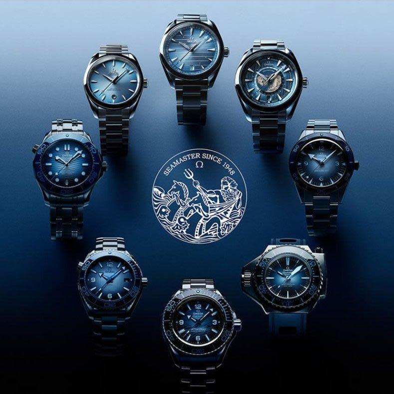 為慶祝「海馬系列」75週年，歐米茄為此系列八款腕錶換上Summer Blue主題漸層藍色面盤，並且依每只手錶的防水深度，做出不同色澤表現。