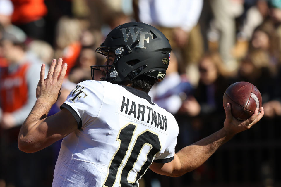 CLEMSON, SC - NOVEMBER 20: Sam Hartman (10) quarterback of Wake Forest during a college football game between the Wake Forest Demon Deacons and the Clemson Tigers on November 20, 2021, at Clemson Memorial Stadium in Clemson, S.C. (Photo by John Byrum/Icon Sportswire via Getty Images)