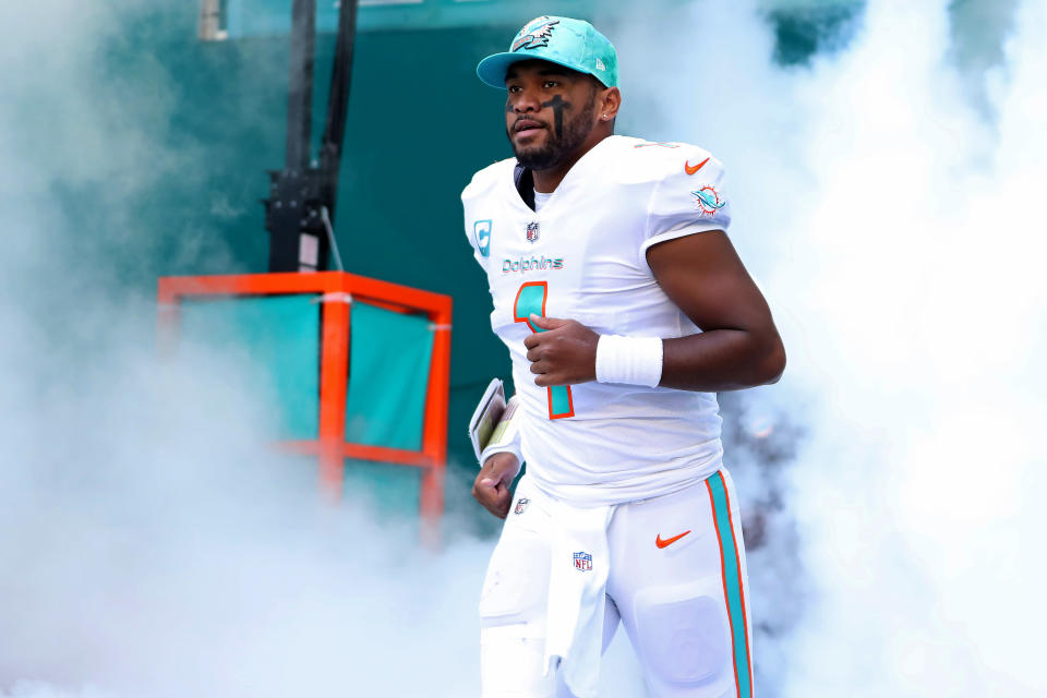 MIAMI GARDENS, FLORIDA - SEPTEMBER 25: Tua Tagovailoa #1 of the Miami Dolphins takes the field prior to playing the Buffalo Bills at Hard Rock Stadium on September 25, 2022 in Miami Gardens, Florida. (Photo by Megan Briggs/Getty Images)