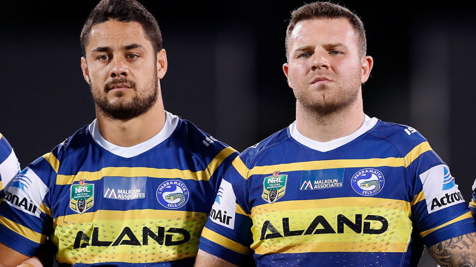 Jarryd Hayne and Nathan Brown, pictured here in action for the Parramatta Eels in 2018.