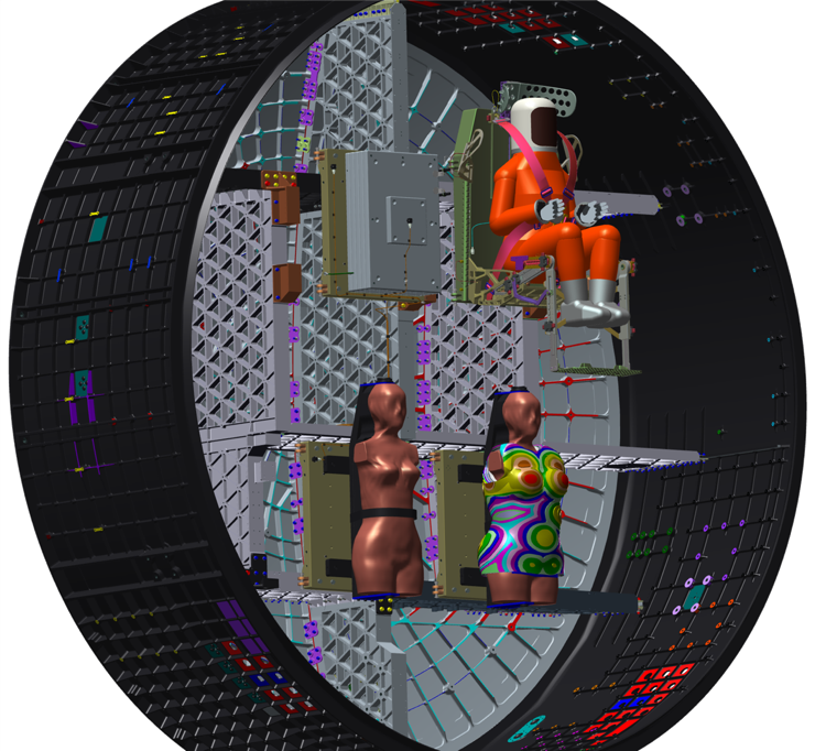 Diagram showing the seating configuration for the three manikins, with Campos up top, Helga at bottom left, and Zohar, wearing the radiation vest, at right. 