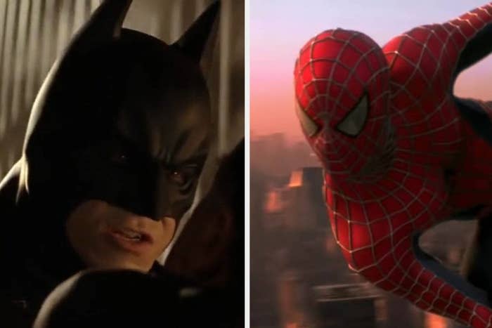 Batman holding Carmine Falcone in "Batman Begins"/Spider-Man latched onto a flagpole in "Spider-Man"