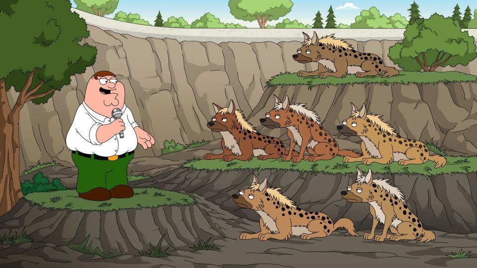 Peter Griffin telling a joke to a bunch of animals in an episode of Family Guy