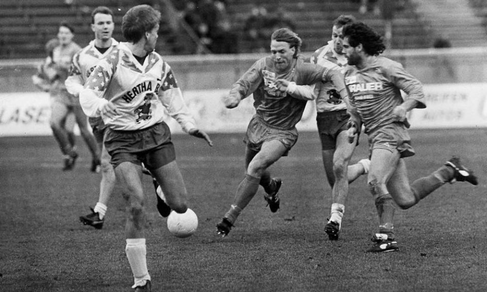 Hertha Berlin and Union Berlin players in action during a friendly in January 1990