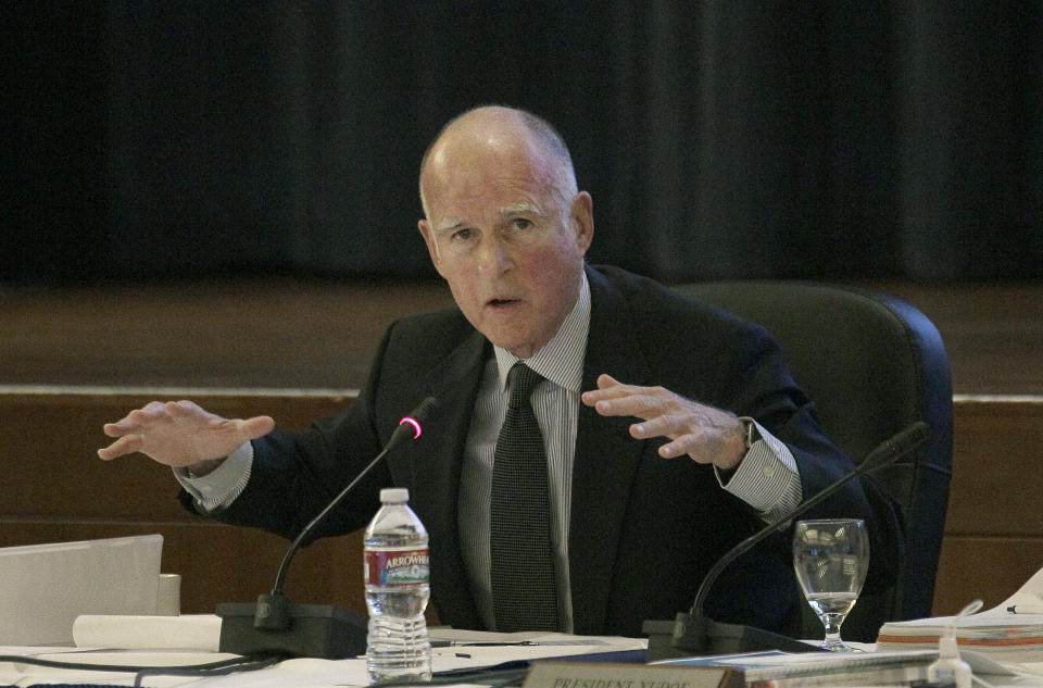 Gov. Jerry Brown speaks at the University of California Board of Regents meeting in San Francisco, Wednesday, Nov. 14, 2012. Brown is set to make his first appearance where he's expected to urge UC officials to control costs and avoid raising tuition. (AP Photo/Jeff Chiu)