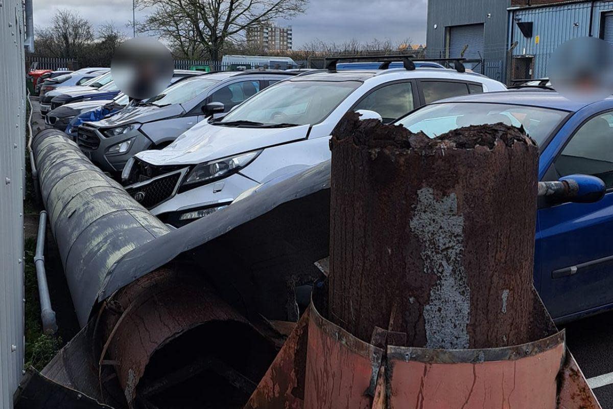 The chimney structure had snapped clean off its base, landing on four cars near the Jolly Roger <i>(Image: Public)</i>