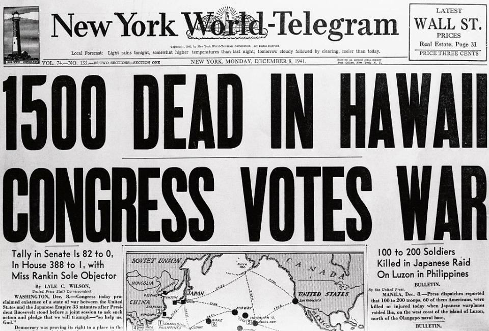 newspaper headline reading "1500 dead in hawaii; congress votes war"