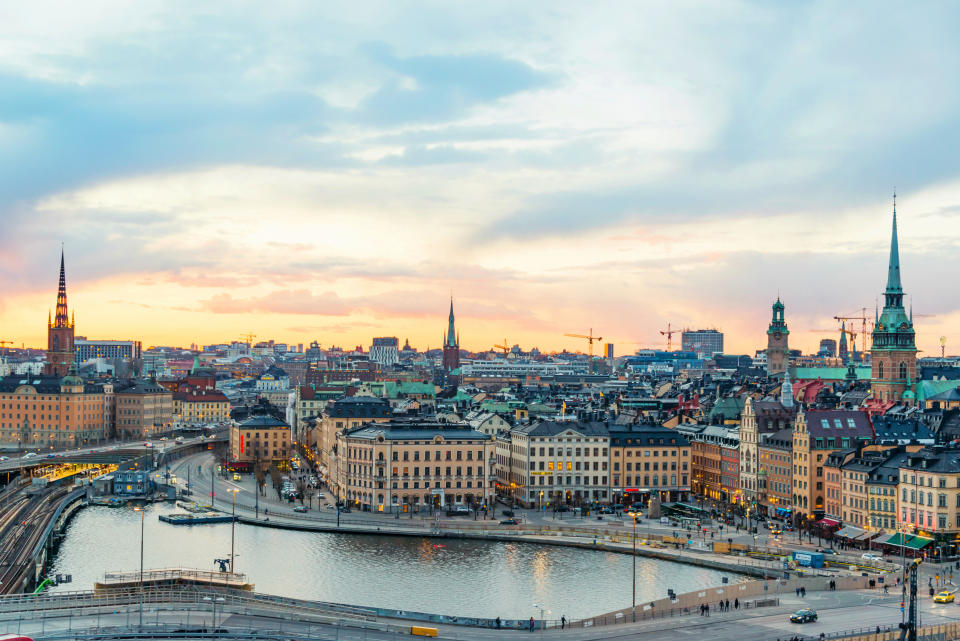 Stockholm cityscape with beautiful buildings of Gamla Stan (Old Town) at sunset , Sweden