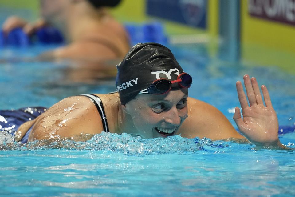 Katie Ledecky reacts after winning her heat in the Women's 200 Freestyle during wave 2 of the U.S. Olympic Swim Trials on Tuesday, June 15, 2021, in Omaha, Neb. (AP Photo/Charlie Neibergall)