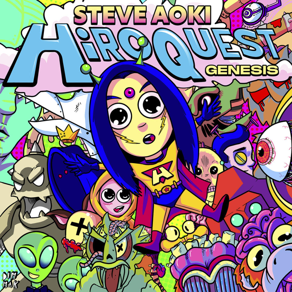 En esta imagen proporcionada por Dim Mak Records / Dj Kid Millionaire Ltd la portada de "HiROQUEST: Genesis" de Steve Aoki. (Dim Mak Records / Dj Kid Millionaire Ltd vía AP)