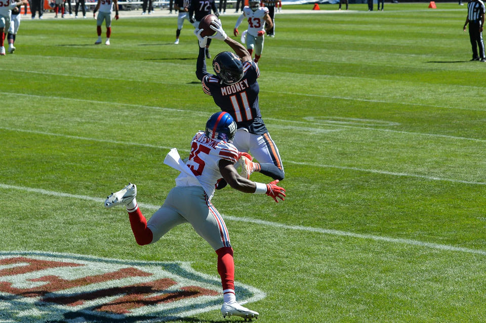 Darnell Mooney set a franchise record in 2020 for most receptions by a Bears rookie. (Jeffrey Becker/USA TODAY Sports)