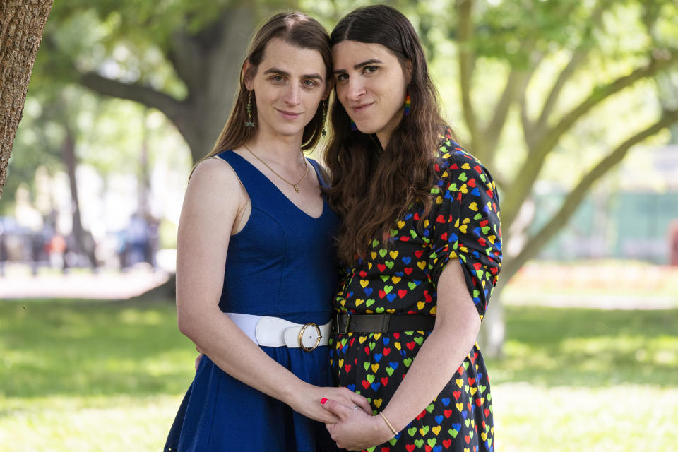 Montana State Rep. Zooey Zephyr, left, and her fiancee, transgender rights activist Erin Reed, pose for a portrait, Wednesday, May 31, 2023, at Lafayette Park near the White House in Washington. (AP Photo/Jacquelyn Martin)