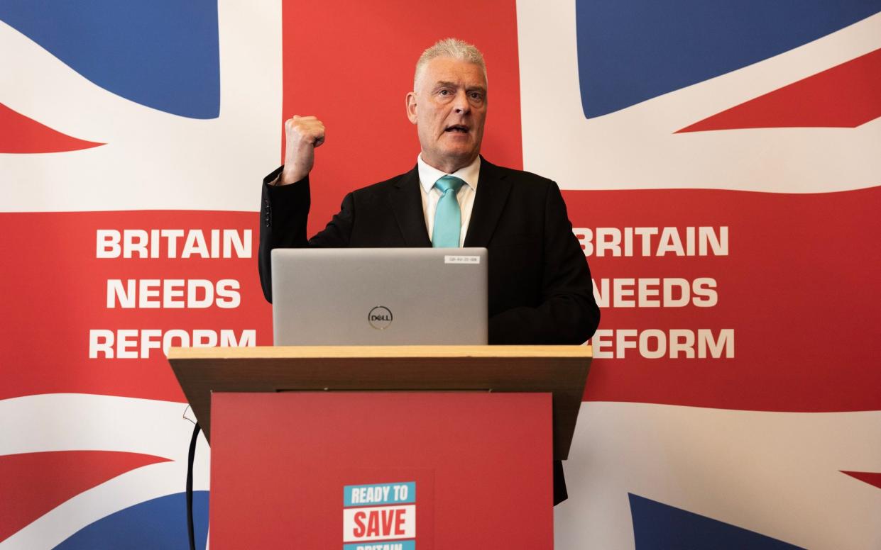 Lee Anderson, the Reform UK MP, addresses a press conference in Westminster on April 8