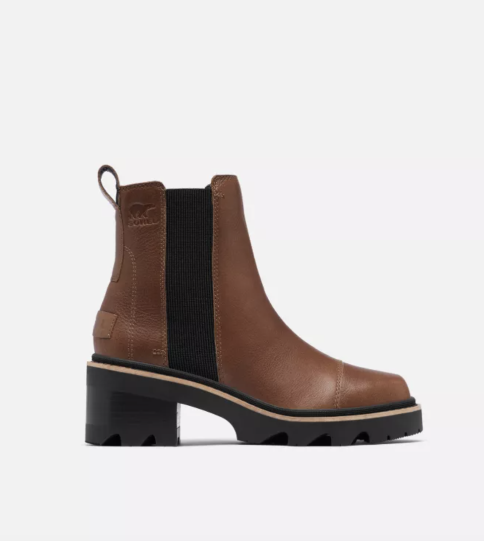 Joan Now Chelsea Boot from sorel in brown leather with black rubber heel (Photo via Sorel)