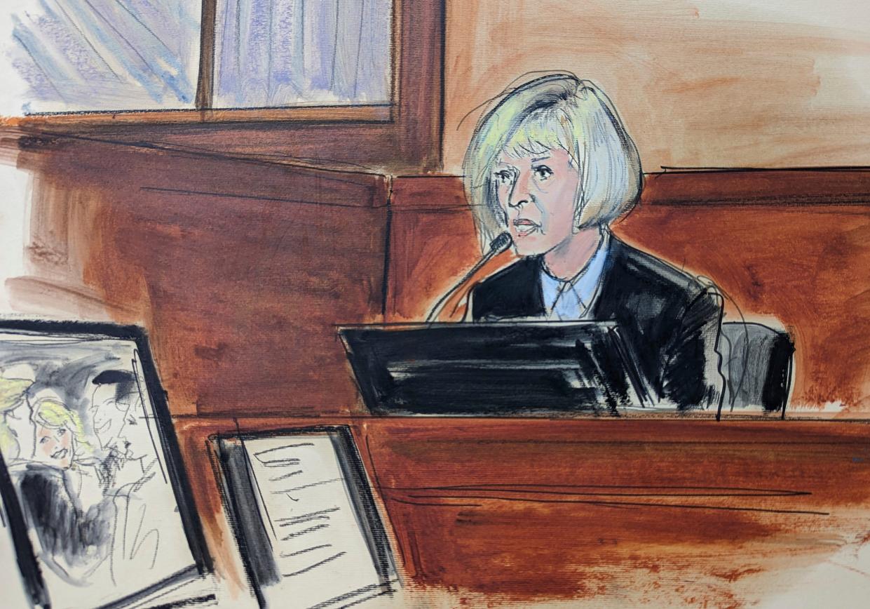 In this courtroom sketch, E. Jean Carroll testifies on the witness stand in Federal Court, in New York, Wednesday, April 26, 2023 (AP)
