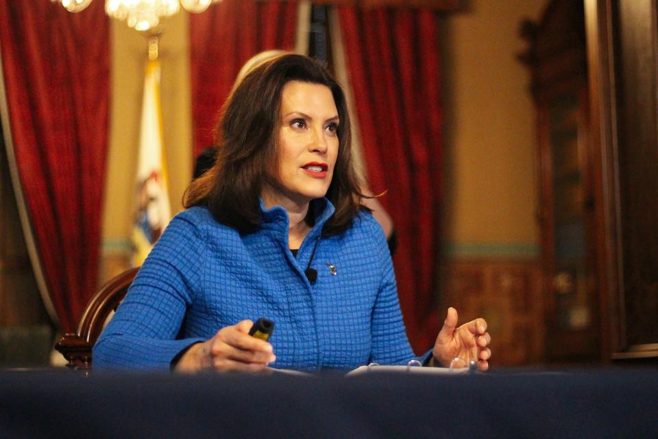 Governor Whitmer provides an update on COVID-19 in Michigan during a press conference on March 26, 2020.