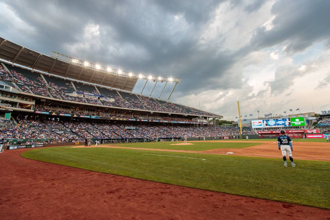 Clouds rolled in during the first inning of Friday night’s game between the Royals and the Los Angeles Dodgers at Kauffman Stadium.