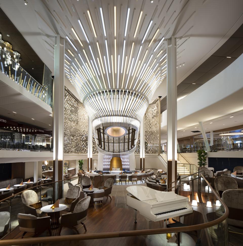 Spanning three decks at the heart of the ship, the Grand Plaza celebrates the bones of the Edge. As designer Sanjit Manku says, “If you have the essentials, like good bone structure, there is no point in putting on extra layers of makeup.”