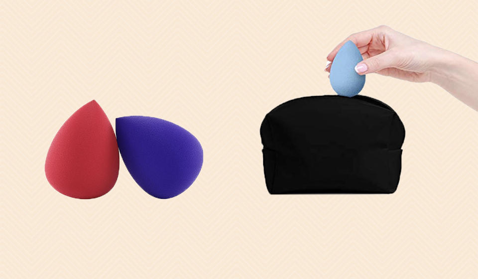 Red and purple makeup sponges shown on the left while a woman's hand is putting a blue one into a black cosmetic bag. 