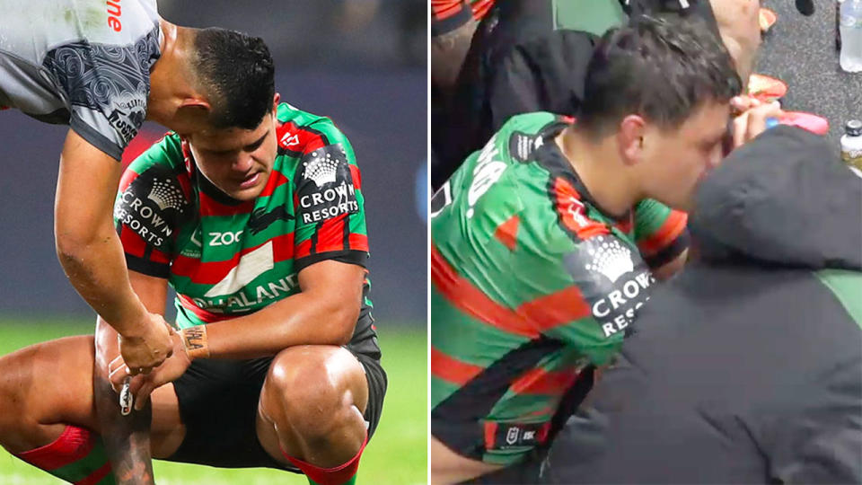 Seen here, Latrell Mitchell was upset on the field and in the sheds after the win against the Warriors.