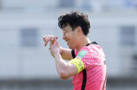 South Korea's Son Heung-min celebrates after scoring his side's second goal on a penalty kick against Lebanon during their Asian zone Group H qualifying soccer match for the FIFA World Cup Qatar 2022 at Goyang stadium in Goyang, South Korea, Sunday, June 13, 2021. (AP Photo/Lee Jin-man)