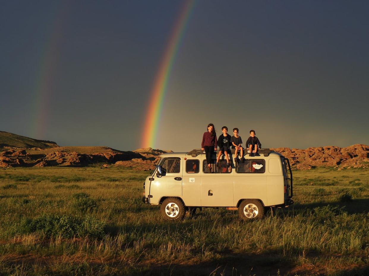 From left: Mia, Léo, Colin and Laurent Lemay-Pelletier in Mongolia. (Edith Lemay/Instagram - image credit)