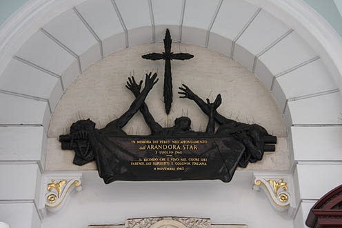 <span class="caption">Deported and drowned: an Italian memorial in London to those who died on the Arandora Star in 1940. </span> <span class="attribution"><a class="link " href="https://commons.wikimedia.org/wiki/File:Remembrance_for_the_Drowned_-_geograph.org.uk_-_679587.jpg" rel="nofollow noopener" target="_blank" data-ylk="slk:Martin Addison / Remembrance for the Drowned via Wikimedia Commons;elm:context_link;itc:0;sec:content-canvas">Martin Addison / Remembrance for the Drowned via Wikimedia Commons</a>, <a class="link " href="http://creativecommons.org/licenses/by-sa/4.0/" rel="nofollow noopener" target="_blank" data-ylk="slk:CC BY-SA;elm:context_link;itc:0;sec:content-canvas">CC BY-SA</a></span>