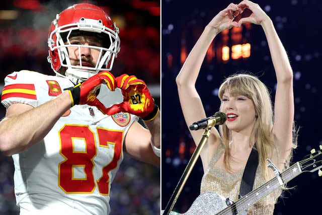 <p>Getty</p> Travis Kelce (left) and Taylor Swift