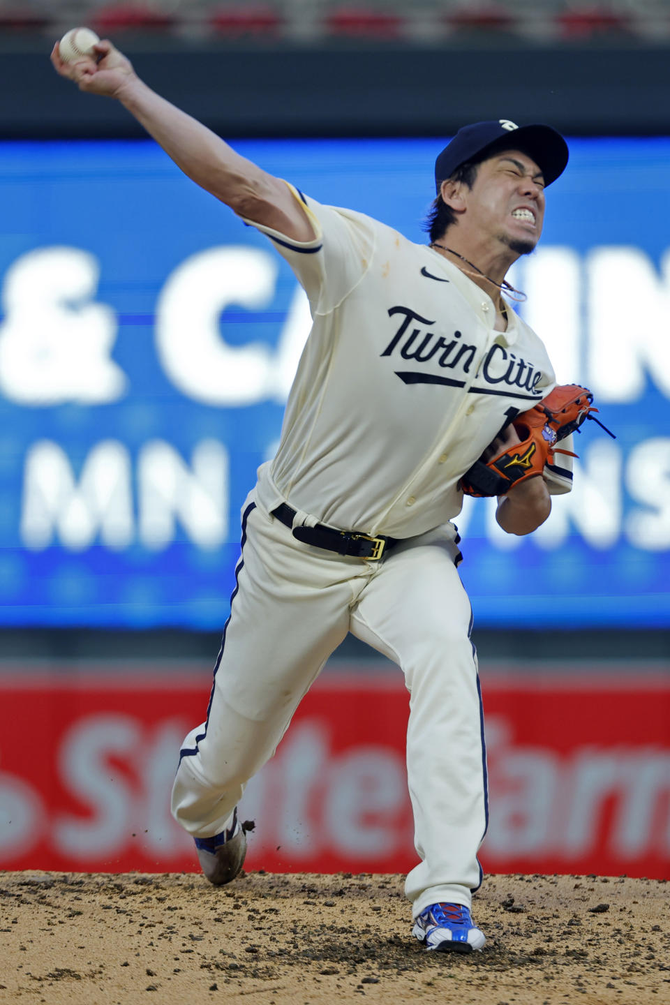 Minnesota Twins starting pitcher Kenta Maeda throws to the Cleveland Guardians in the third inning of a baseball game, Monday, Aug. 28, 2023, in Minneapolis. (AP Photo/Bruce Kluckhohn)