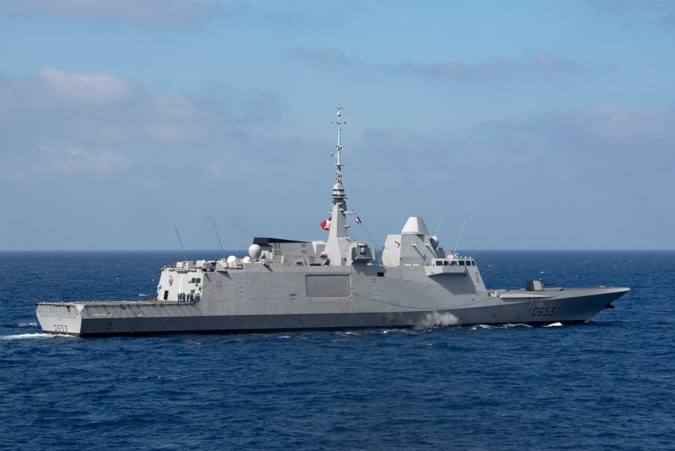 French Navy (Marine Nationale) FREMM Frigate <em>Languedoc</em>, patrolling off the coast of Yemen, shot down a Houthi drone after an attack on the oil tanker <em>Strind</em>a Dec. 11. (French Navy)