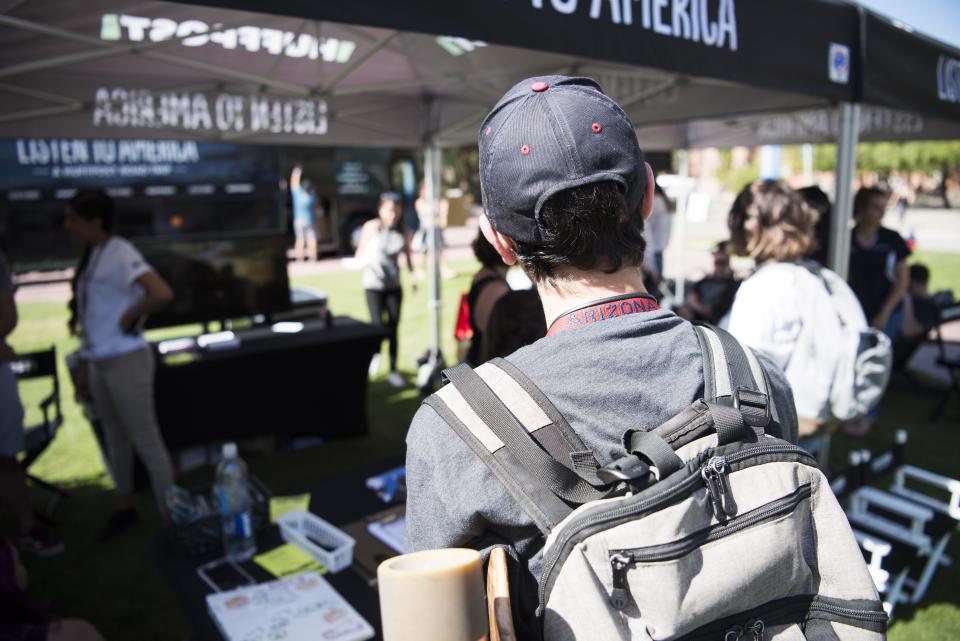 Students visit the "Listen to America" tents.