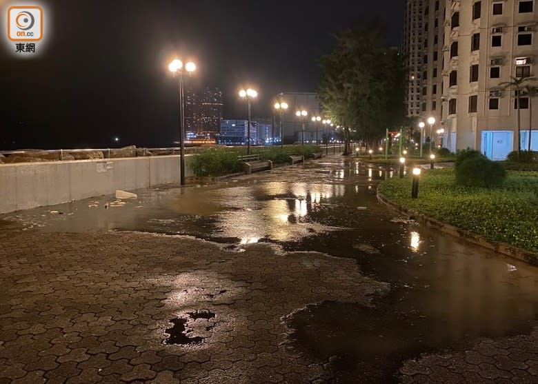 杏花邨岸邊被湧浪拍岸後遺下水漬。(李國健攝)