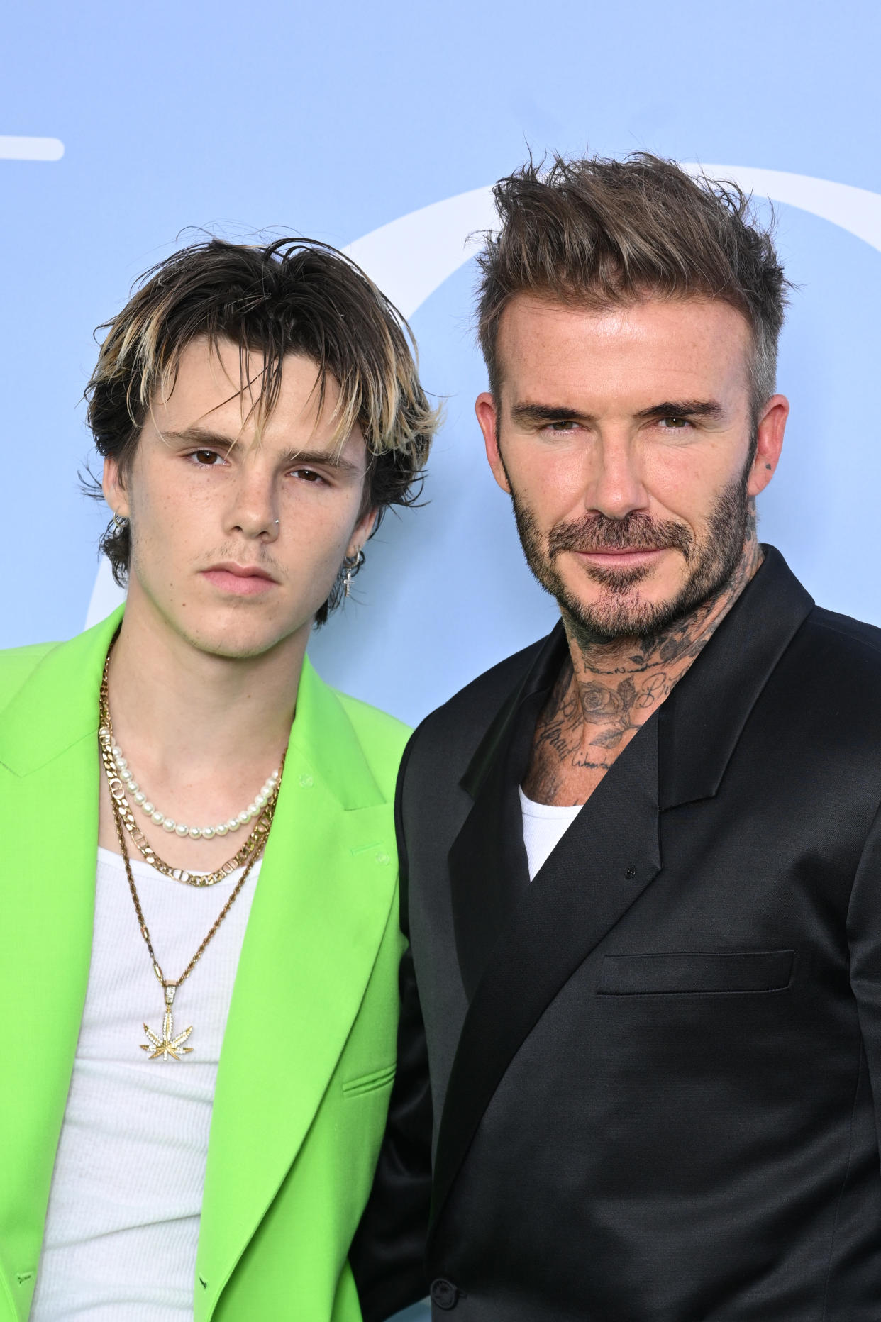 For Non-Editorial use please seek approval from Fashion House)  David Beckham (R) and son Cruz Beckham (L) attend the Dior Homme Menswear Spring Summer 2023 show as part of Paris Fashion Week  on June 24, 2022 in Paris, France. (Photo by Stephane Cardinale - Corbis/Corbis via Getty Images)