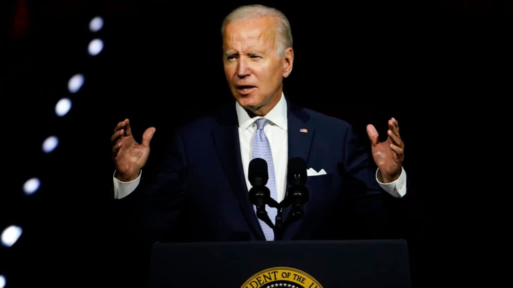 President Joe Biden speaks outside Independence Hall, Thursday, Sept. 1, 2022, in Philadelphia. (AP Photo/Matt Slocum)