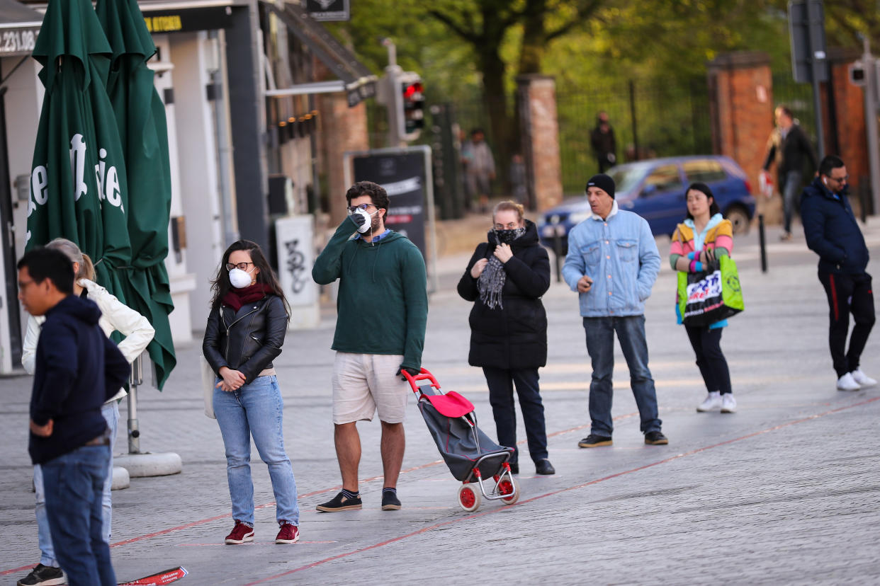 BRUSSELS, April 16, 2020 .Citizens queue to enter a supermarket in Brussels, Begium, April 14, 2020.   Belgian Prime Minister Sophie Wilmes announced on Wednesday an extension of lockdown until May 3 to curb the spread of the coronavirus. (Photo by Zhang Cheng/Xinhua via Getty) (Xinhua/Zhang Cheng via Getty Images)